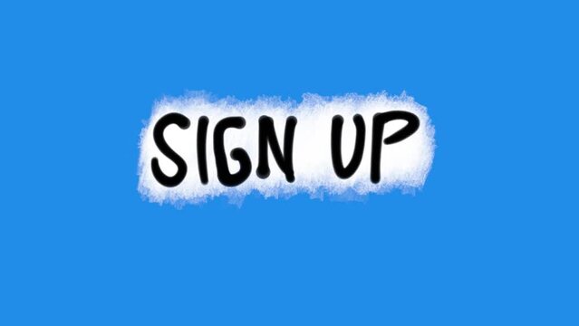 The word sign up in black on a white background with brush paint handwriting style, pop up banner on blue background