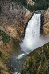 Vertical shot of the waterfall flowing over the rock with forest trees in distance