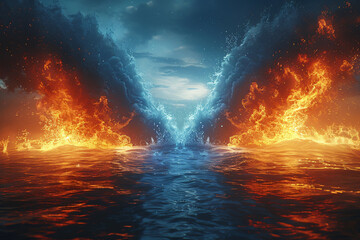 Fototapeta premium A duel between the elements - fire and water - with spectacular effects