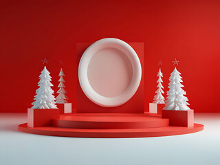 Christmas podium with copy space for product advertisement showcasing. Empty 3D pedestal in red and warm gold color theme. Generative AI..