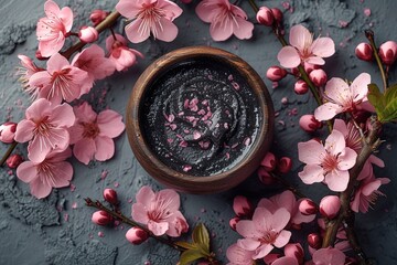 Preparing cosmetic black mask with spring flowers on gray background, copy space