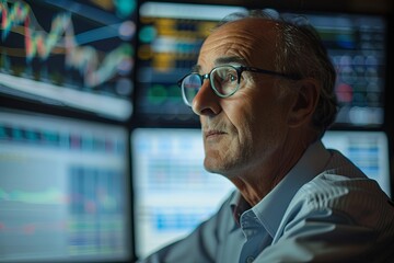 Businessman working in office, monitoring stock exchange information on computer screen. Professional trader analyzing financial graphs, managing investments. Executive in finance,