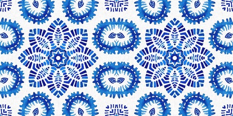 Indigo blue tie-dye handmade textile seamless border. Asian style abstract blotched dyed effect tape.