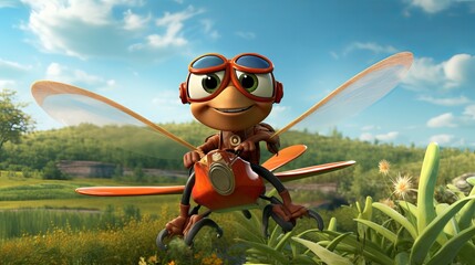 Playful adventurous dragon fly - flying in air , funny kids story character