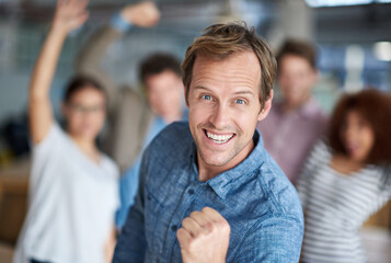 Business people, portrait and fist with teamwork achievement with colleagues for deal, victory or...