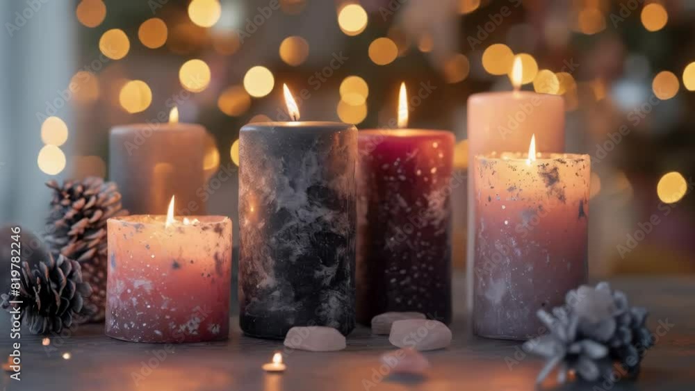 Poster a group of candles are lit and arranged on a table. the candles are of different colors and sizes, a