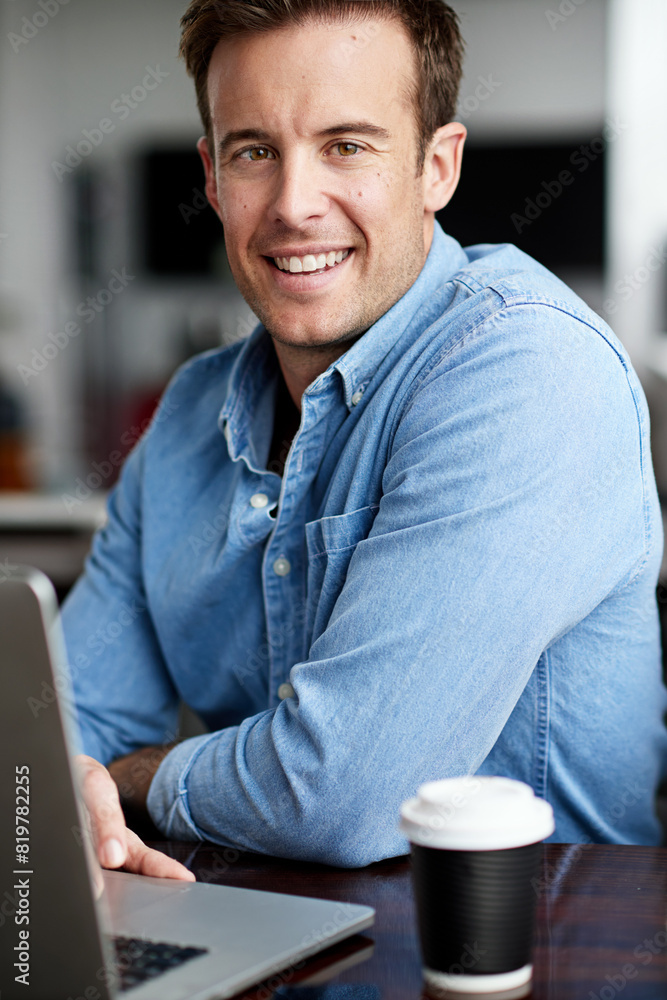 Poster Smile, portrait and businessman with laptop in office, web solution and digital information. Software developer, male employee and computer for scroll email, web search and application inspection