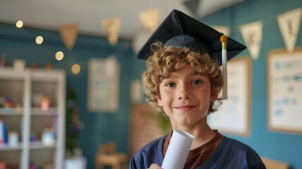 A proud male graduate in cap and gown celebrates his academic achievement with a diploma in hand