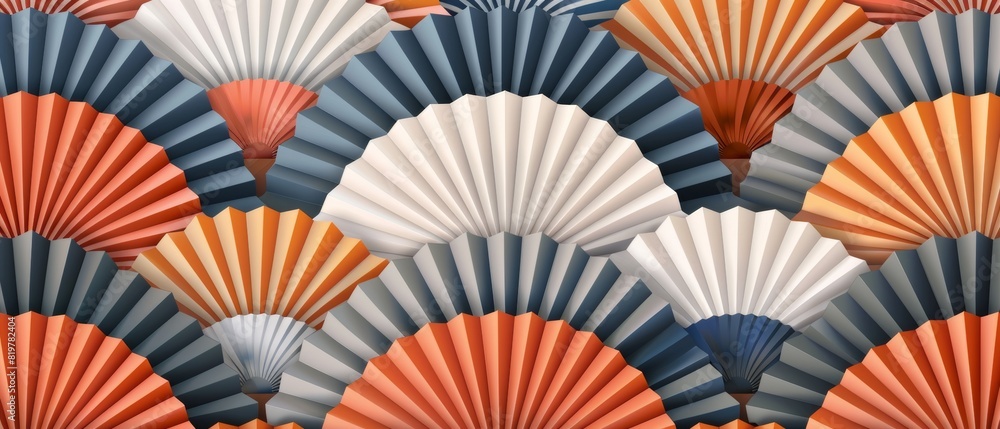 Poster this is a modern of a japanese pattern in the shape of a fan. the background is colored geometric.