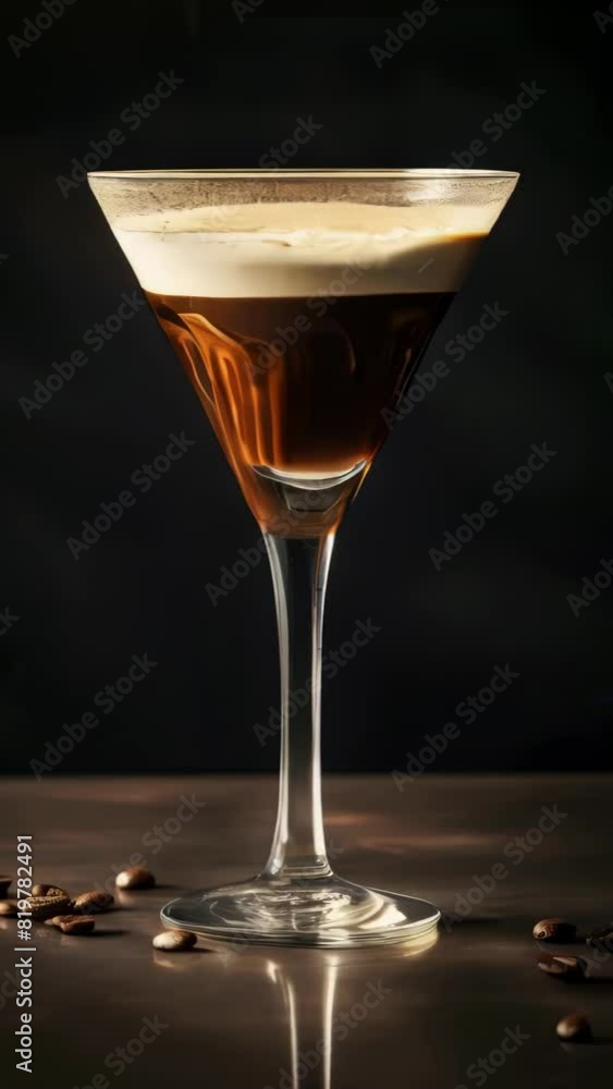 Poster a glass of coffee with a brownish color and a white foam on top. the foam is in the shape of a trian