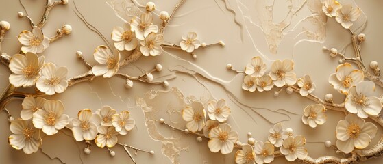 Background with gold flower pattern. Cherry blossom pattern modern.