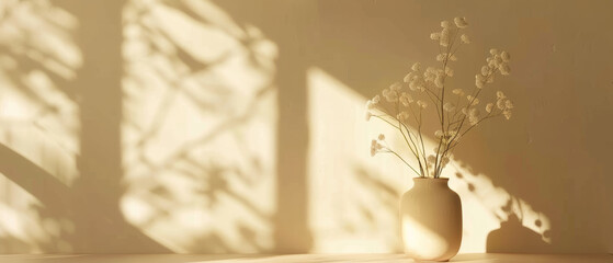 Serene still life with delicate flowers basking in soft shadow play.