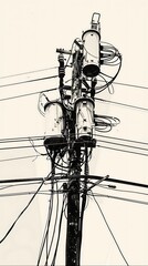 Tangle of Electrical Wires on a Utility Pole, Urban Infrastructure in Black and White