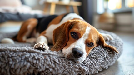 Beagle puppy lying on a dog bed on the floor. Sad sick beagle at home. Cute Beagle puppy sleeping on bed. Adorable pet. Cozy homely atmosphere.
