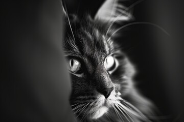 Cute black and white cat. Domestic pets with fur. Adorable feline, kitten portrait. Beautiful face, eye background. Head mammal, kitty closeup. Nature furry look, fluffy monochrome - Powered by Adobe