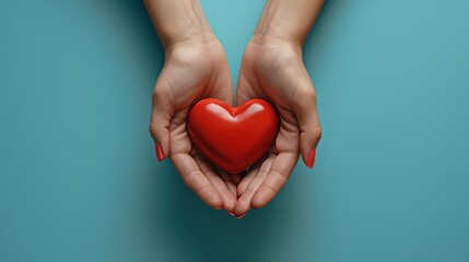 Woman's hands hold a red heart on a blue background. Heart health care medical cardiovascular disease concept and organ donor donation for life giving charity campaign with healthy red love heart.
