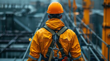 Work on high-altitude equipment. Worker fall arrest device with safety belt hooks. Safe workplace rigger wearing working at heights harness clipping an inertia reel shock absorbing fall arrest.