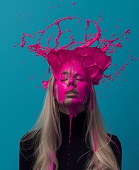 Woman in Black Turtleneck with Splash of Pink Paint on Her Head, Abstract Creative Portrait