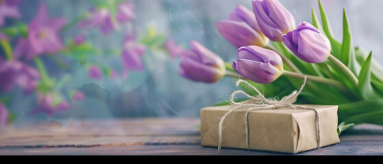 Gift of nature – purple tulips and craft-box, evoking a serene sense of spring.