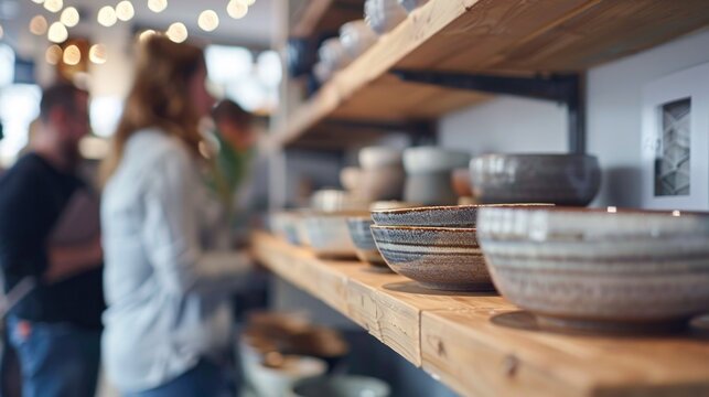 Matching Bowls Display, Detailed shot of pottery bowls on a shelf, People conversing in the background