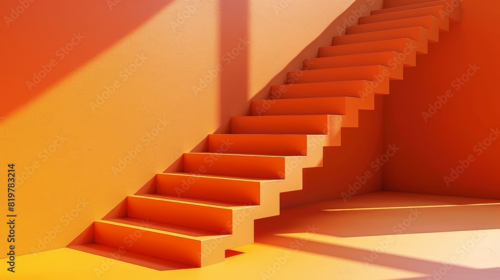 Poster 3d abstract rendering with orange color stair. geometric 3d steps background. orange color.