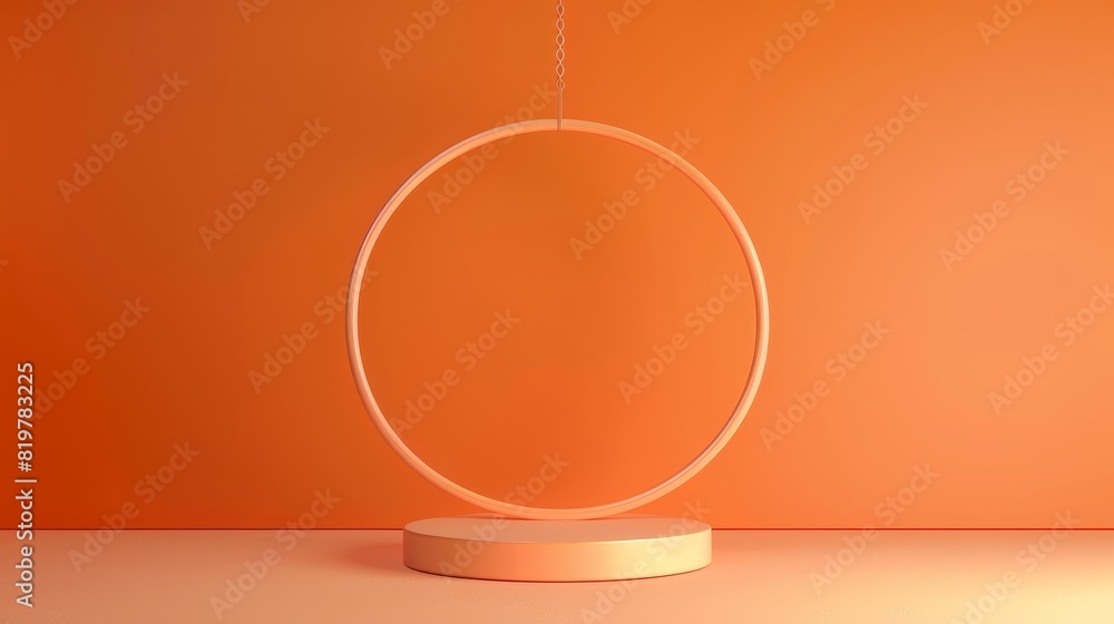 Wall mural A scene with geometrical shapes, a circle frame with an orange podium, a minimal background, and an orange color background.