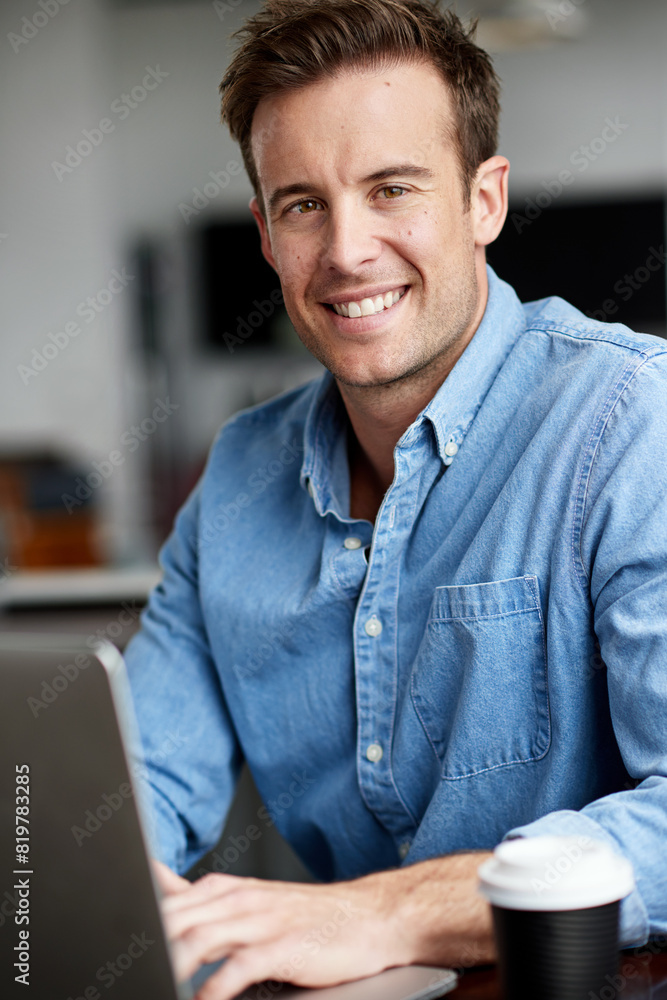 Poster Pride, portrait and businessman with laptop in office, web solution and digital information. Software developer, male employee and computer for typing email, web search and application inspection