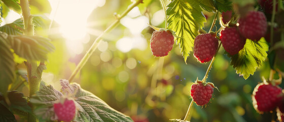 Sun-kissed raspberries dangle invitingly among verdant leaves at dawn.