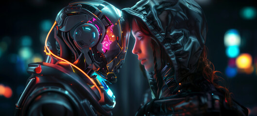 A thought-provoking scene depicting a human female and an advanced robot in a close, emotional interaction, set against a futuristic, neon-lit background.