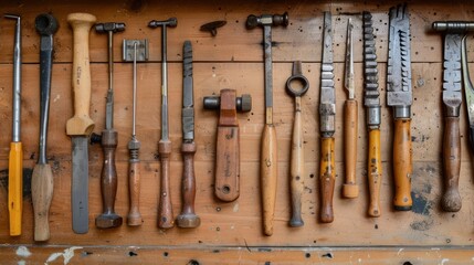 Well-Used Tools, Close-up of sculpting tools neatly arranged on a wooden workbench, Highlighting worn handles
