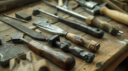 Well-Used Tools, Close-up of sculpting tools neatly arranged on a wooden workbench, Highlighting worn handles