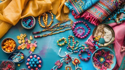 A creative arts product display featuring a wooden table topped with a variety of body jewelry items such as colorful bracelets and beads in magenta, aqua, and other vibrant colors AIG50