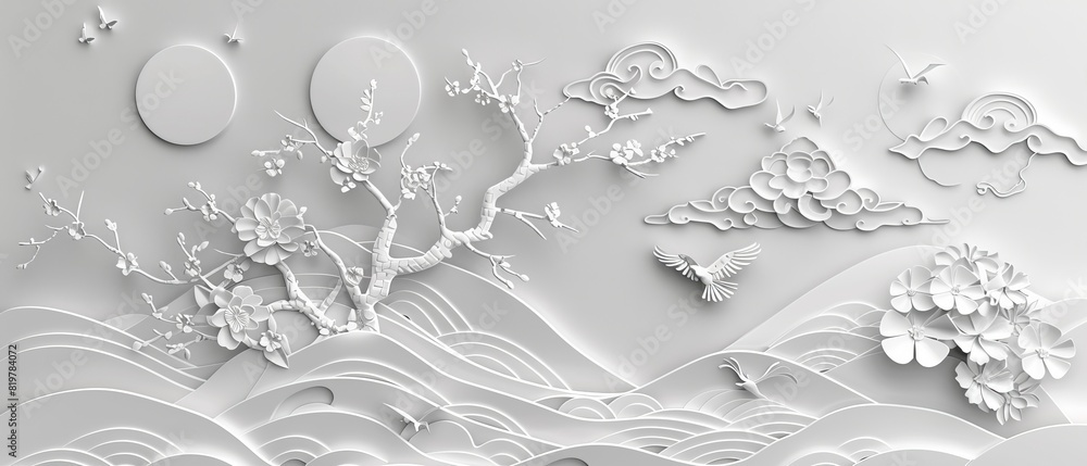 Poster the japanese template features an abstract background modern with geometric patterns, waves, clouds,