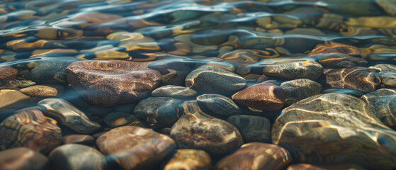 Serene underwater scene with smooth pebbles encapsulated by crystal clear water.