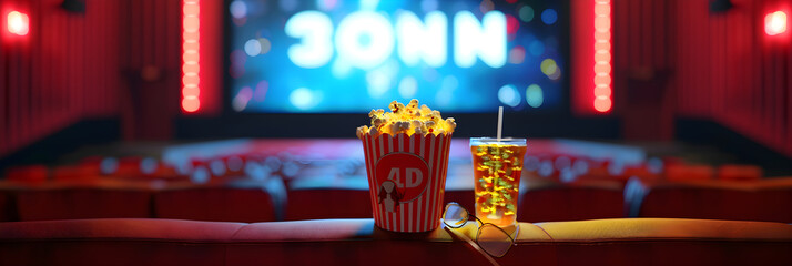 Cinema Seating with Popcorn, Soda, and 3D Glasses Under Projected Film Rating