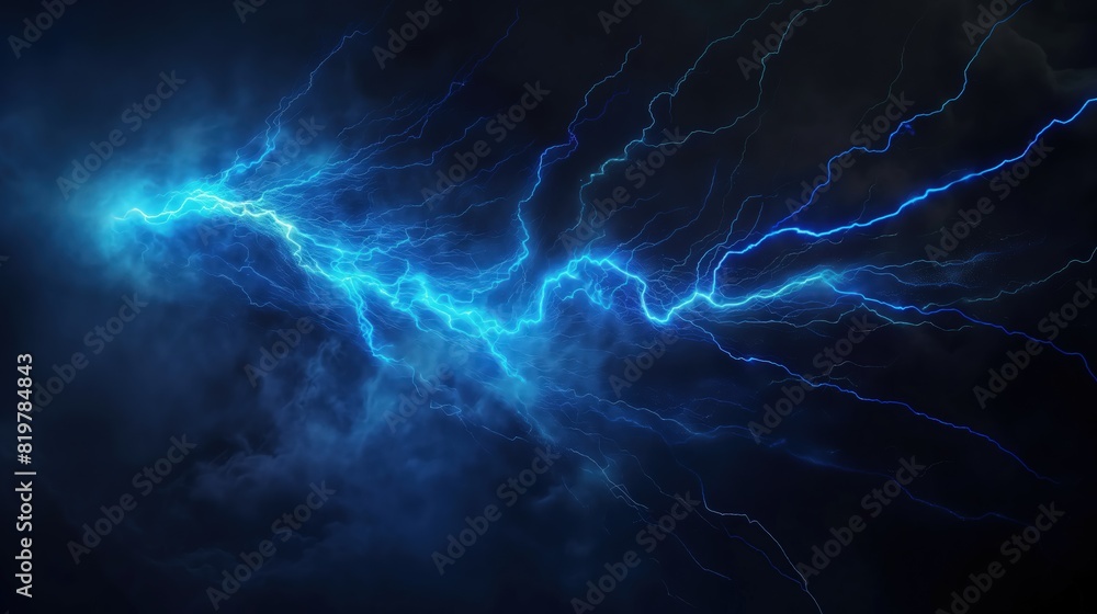 Poster a highly detailed scene of a singular, powerful blue lightning strike with a fractal pattern, illumi