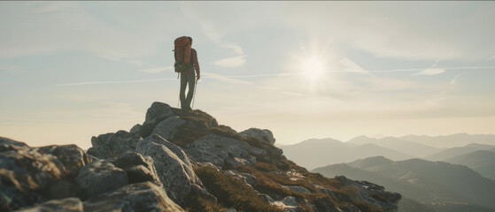 Lone hiker stands on a mountain summit, overlooking a serene dawn landscape.