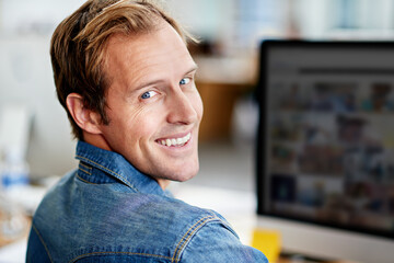 Businessman, smile and portrait in office with computer for startup, work and company. Web...