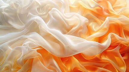 Fototapeta premium Contrasting waves of silk fabric mixed with thick white smoke, bright orange gradient colors, Indian temple pattern style, abstract background for desktop or smartphone