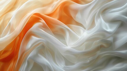Obraz premium Contrasting waves of silk fabric mixed with thick white smoke, bright orange gradient colors, Indian temple pattern style, abstract background for desktop or smartphone