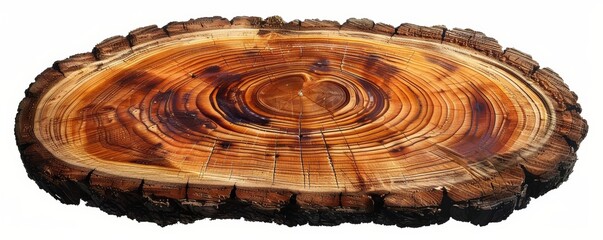 Top view of a tree trunk crosssection, detailed rings and texture, isolated on white, perfect for nature and forestry advertisements