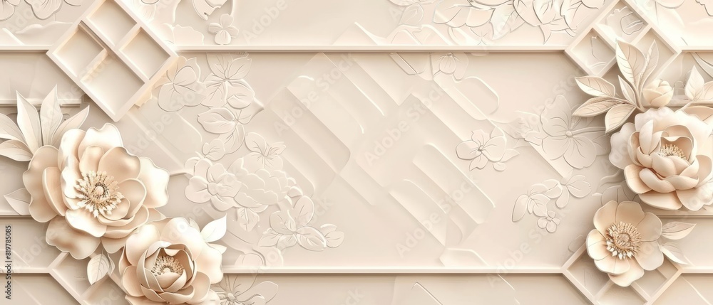 Poster an elegant japanese background with a patterned peony flower decoration. a wooden template with a ri