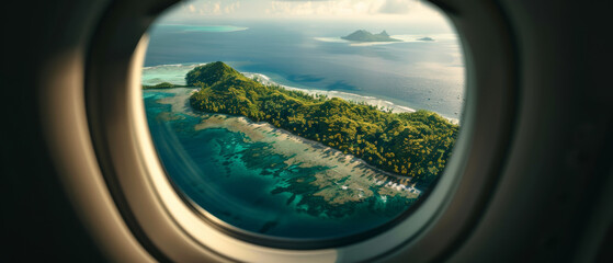 Aerial island view through an airplane window, inviting wanderlust.