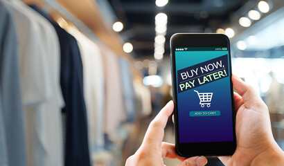 BNPL Buy now pay later online shopping concept.Hands holding mobile phone on blurred store as background