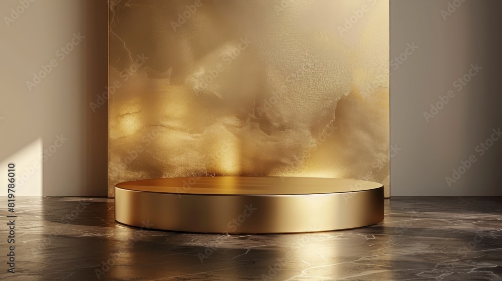 Aufkleber Abstract gold podium empty pedestal background stage of 3d studio presentation mockup scene or luxury golden product platform template display and minimal shiny. Generative AI.