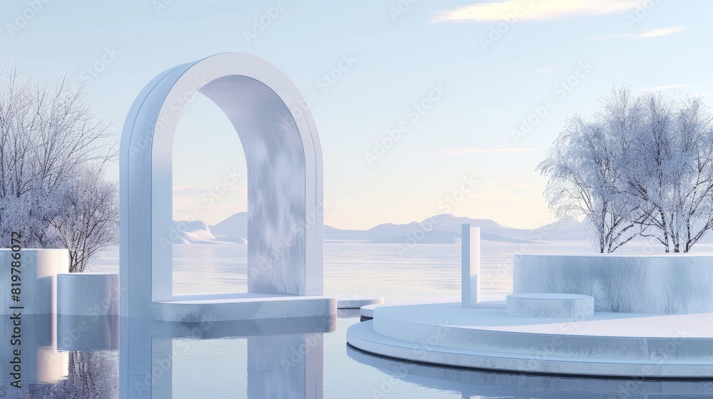 Aufkleber Winter scene with geometric forms and podium in lake view. Minimal 3D landscape background.