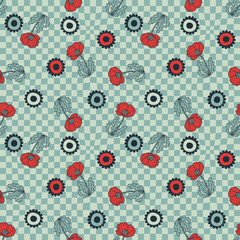 Seamless pattern with daisy and poppy flowers on distorted checkered background. Summer print for fabric, paper, textile. Hand drawn illustration.