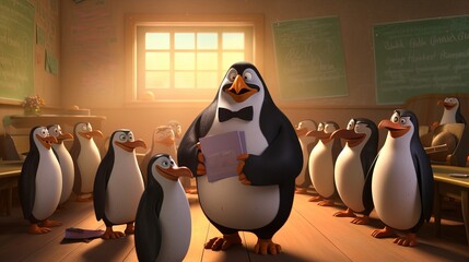 Penguin dressed as professor delivering lecture to students in class room - kids story world