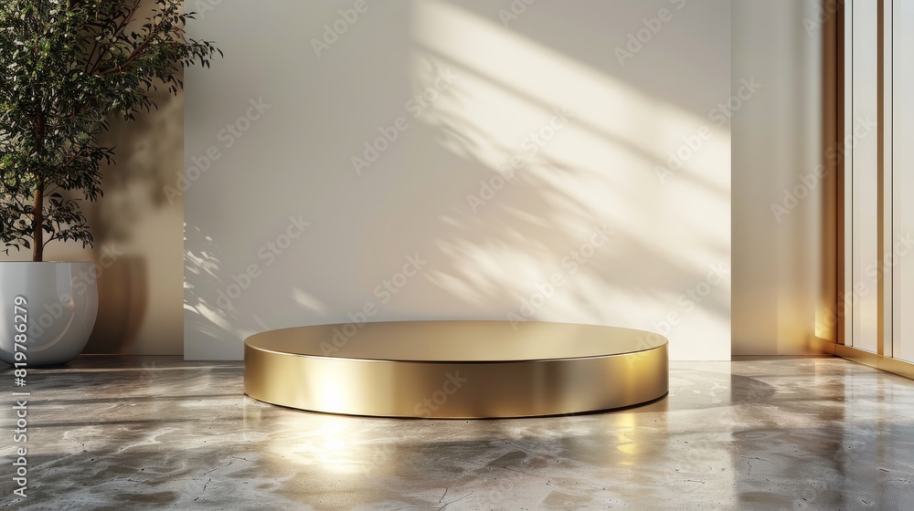 Poster Abstract gold podium empty pedestal background stage of 3d studio presentation mockup scene or luxury golden product platform template display and minimal shiny. Generative AI.