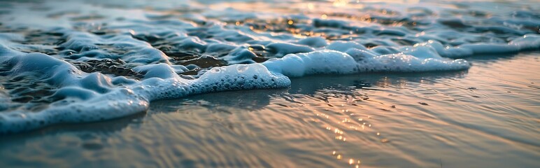Close-Up of Ocean Waves and Sea Foam at Sunset